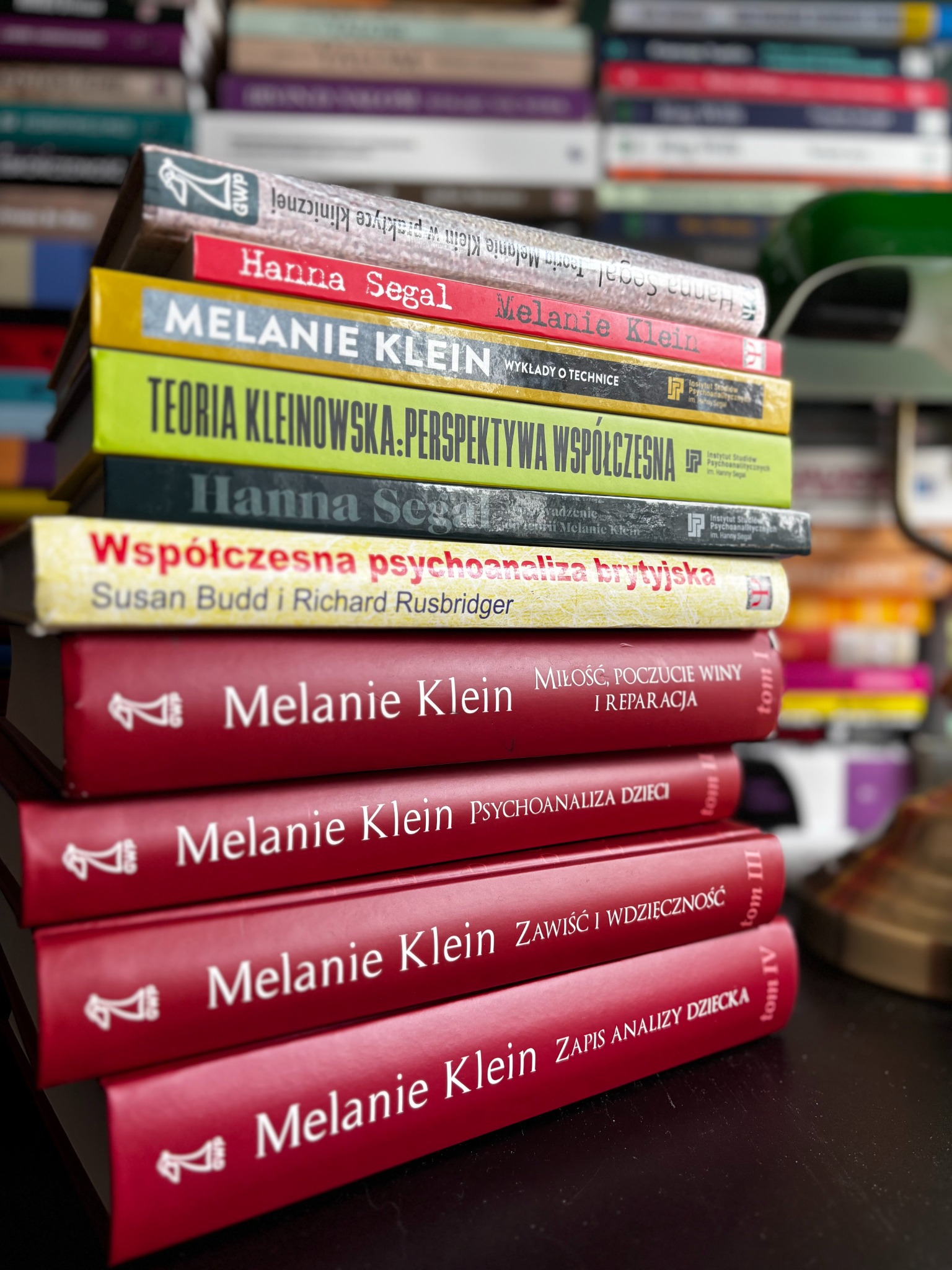 Stos książek Melanie Klein i Hanny Segal oraz opracowań teorii kleinowskiej, stanowiących literaturę seminarium.