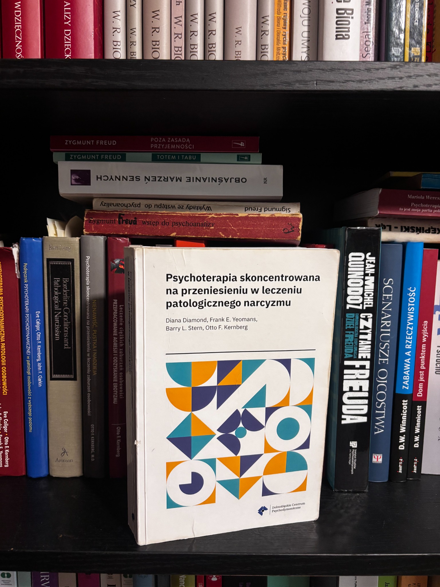 Podręcznik Psychoterapia skoncentrowana na przeniesieniu w leczeniu patologicznego narcyzmu ustawiony na regale z książkami.
